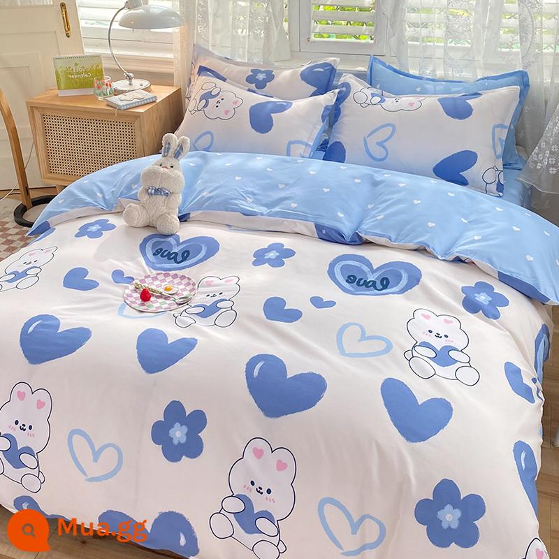 Vỏ chăn đơn mảnh 150x200x230 mùa đông ký túc xá sinh viên đơn nguyên chất giặt sạch cotton chần đơn 1.5m chải vỏ chăn - thỏ tim xanh