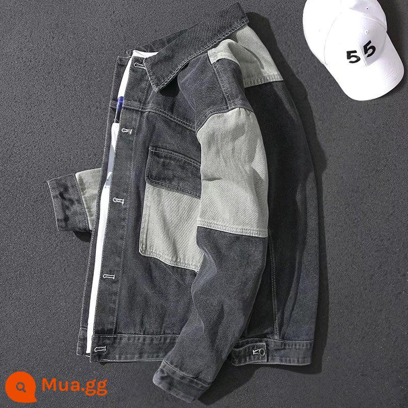 Áo khoác denim mùa xuân cho nam Phong cách Hàn Quốc Áo khoác bảo hộ lao động dáng rộng Thương hiệu hợp thời trang Nhật Bản Đường khâu màu sắc tương phản Áo khoác mùa xuân và mùa thu - 1813 màu xám