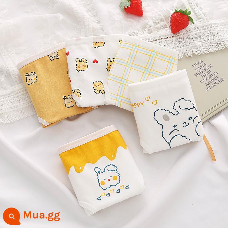 Quần lót bé gái cho bé lớn hơn, học sinh tiểu học, THCS, thời kỳ phát triển tam giác cotton nguyên chất, nữ sinh THCS, 9-18 tuổi, kháng khuẩn mùa thu - Thỏ Vàng 5 Gói [Tam Giác]