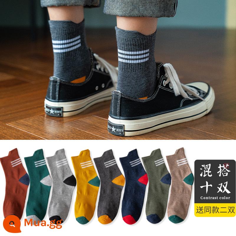 Vớ nam tính giữa, mồ hôi, mùa xuân đen, mùa thu và mùa đông nam không -cotton Stockings Thể thao Hệ thống Nhật Bản - Bộ mười đôi