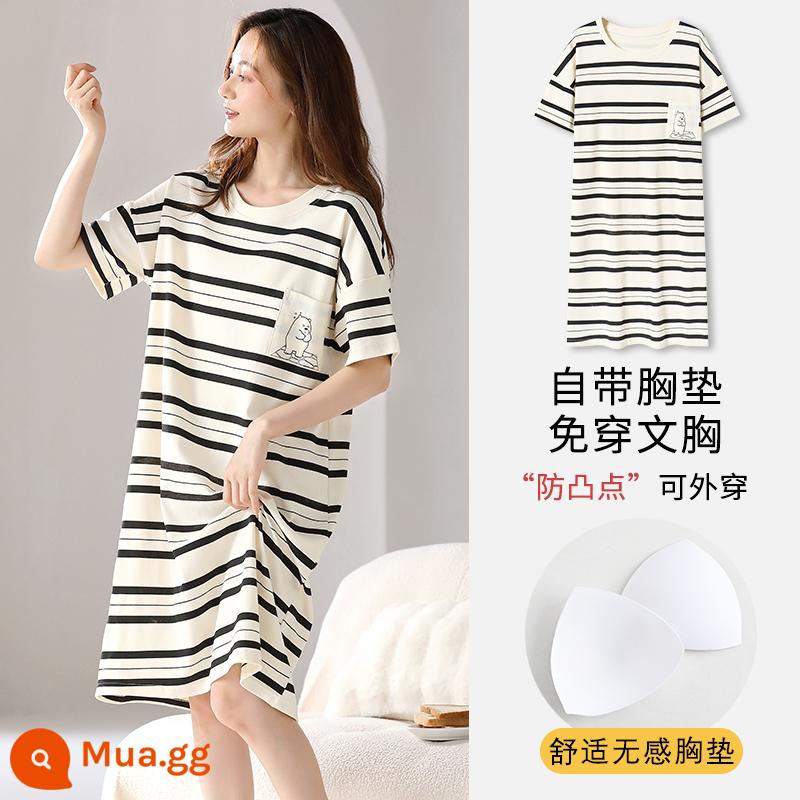 Bộ đồ ngủ nữ phong cách mùa hè có đệm ngực váy ngủ cotton ngắn tay size lớn phục vụ tại nhà không áo ngực phù hợp với mùa hè - Váy ngủ: W7020 [có miếng lót ngực]