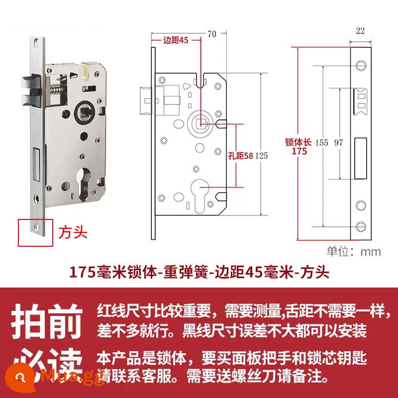 Thép không gỉ thân khóa lõi khóa trong nhà phòng ngủ chốt cửa khóa cửa gỗ đa năng cửa phòng bộ khóa phòng hộ gia đình tắt tiếng - Đầu lò xo có trọng lượng 175, đầu vuông 45