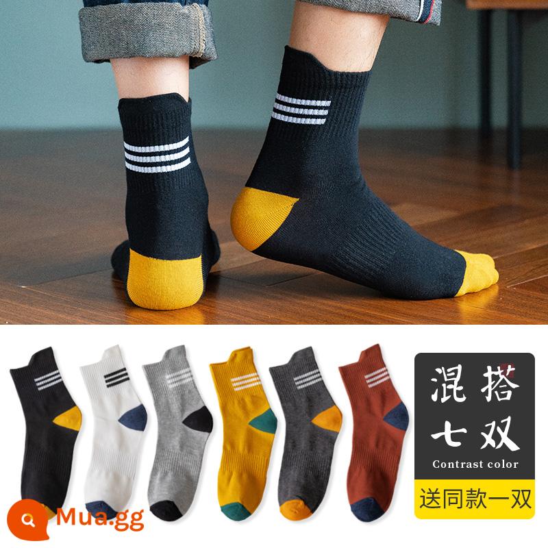 Vớ nam tính giữa, mồ hôi, mùa xuân đen, mùa thu và mùa đông nam không -cotton Stockings Thể thao Hệ thống Nhật Bản - Đen. Trắng. Xám nhạt. Nghệ. Xám đậm. Đỏ gạch + tặng một đôi cùng kiểu (tổng cộng bảy đôi)