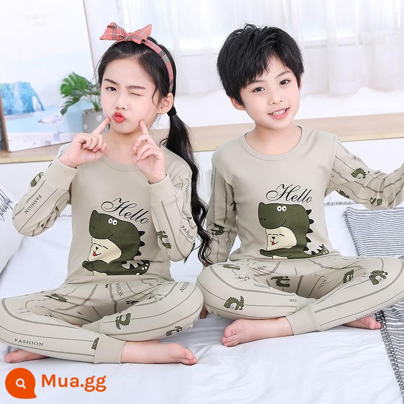 Bộ đồ lót trẻ em bằng cotton nguyên chất, áo len cotton mùa thu đông cho trẻ em cỡ lớn, áo len mỏng dài tay cho bé trai và bé gái, quần áo mùa thu cho bé, quần vệ sinh - Mũ khủng long màu xám và trắng