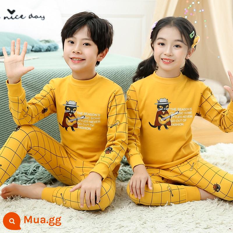 Bộ đồ lót trẻ em bằng cotton nguyên chất, áo len cotton mùa thu đông cho trẻ em cỡ lớn, áo len mỏng dài tay cho bé trai và bé gái, quần áo mùa thu cho bé, quần vệ sinh - Đàn guitar mèo con màu vàng (cổ áo ở giữa)