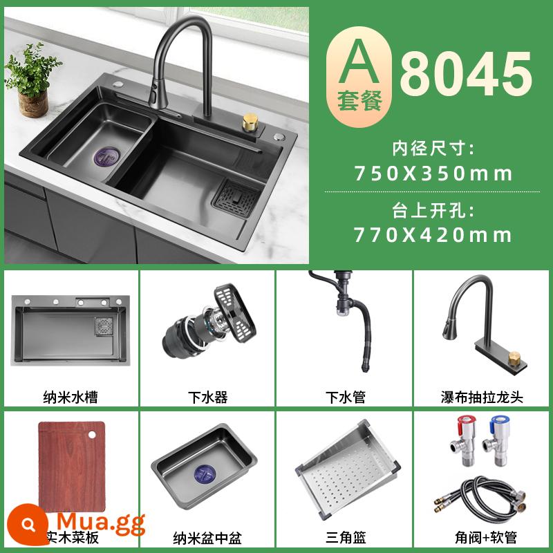 Súng Màu Xám Nước Mưa Thác Nước Inox 304 Đen Nano Lớn Bồn Rửa Đơn Chậu Rửa Tay Bồn Rửa Chén Bếp - Nano 80*45 [Mô hình thác nước mưa] Gói thép không gỉ SUS304 dày