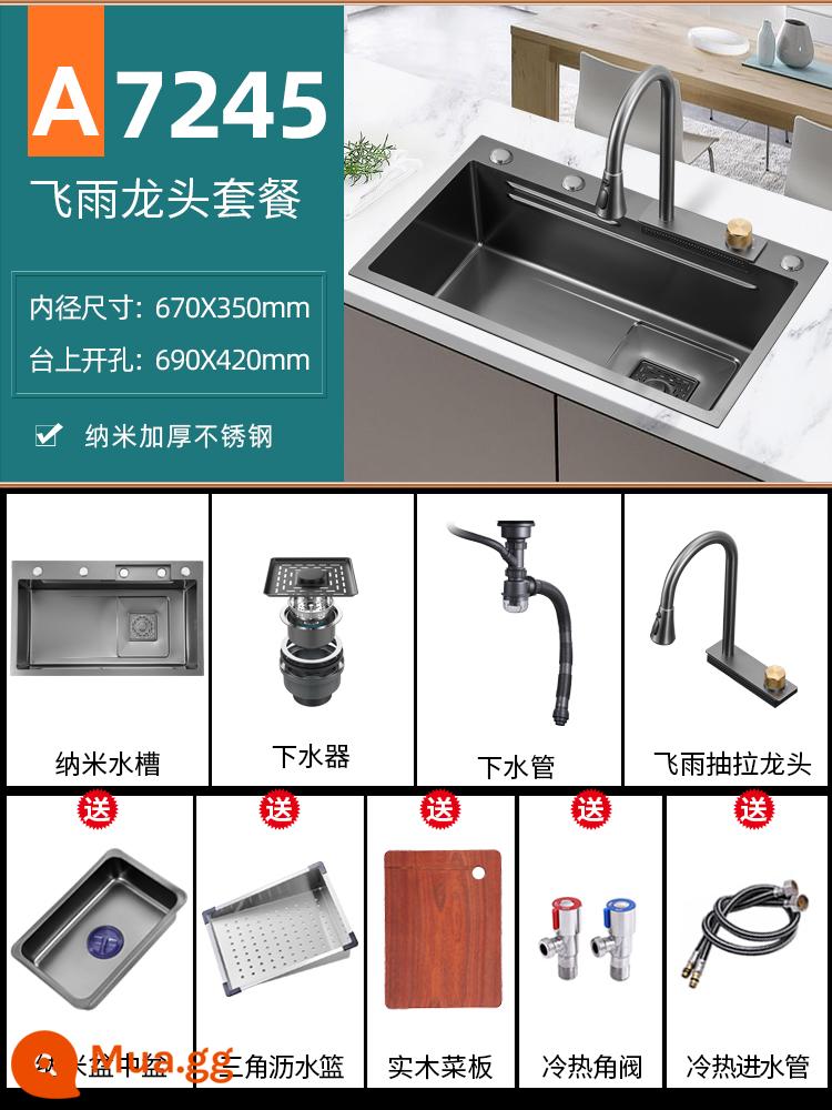 Súng Màu Xám Nước Mưa Thác Nước Inox 304 Đen Nano Lớn Bồn Rửa Đơn Chậu Rửa Tay Bồn Rửa Chén Bếp - Nano 72*45 [Mô hình thác nước mưa] Gói thép không gỉ SUS304 dày