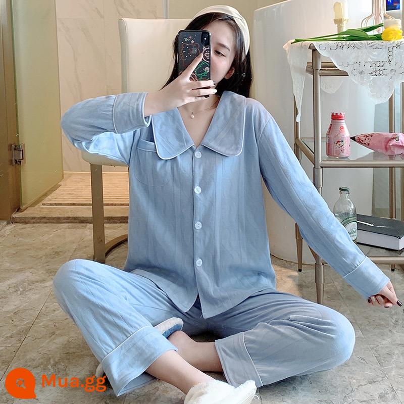 Bộ đồ ngủ hoa xanh nữ cotton dài tay xuân thu đông 2023 áo cardigan kiểu mới lưới đỏ ngọt ngào Bộ đồ phục vụ tại nhà - 791 # màu xanh