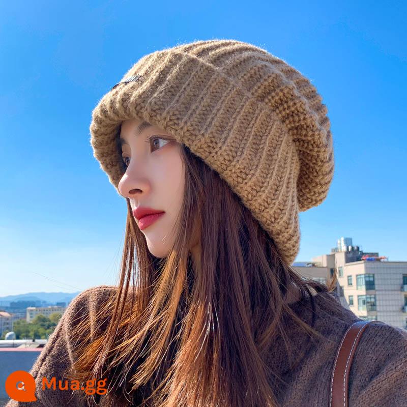 Hat Girl Autumn và Winter Rough Wool Hat Phụ nữ khuôn mặt ấm áp, mặt, nhãn dán vải nhỏ hoang dã Loog - Khaki