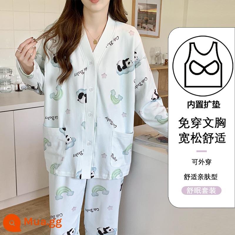 Quần áo sau sinh bằng vải cotton nguyên chất Panda có đệm ngực, đồ ngủ cho bà bầu sau sinh mùa xuân thu đông, quần áo chăm sóc điều dưỡng, quần áo ở nhà - Panda Paradise [có miếng đệm ngực/có thể tháo rời]