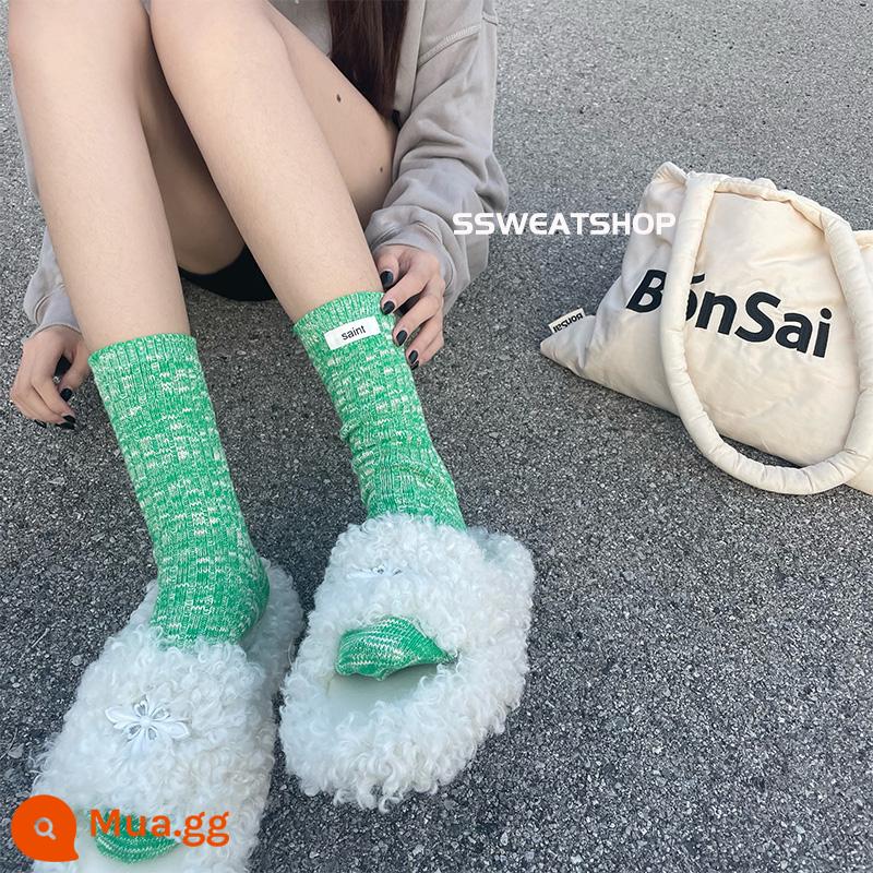 SSWEASHOP Vải Nhật tiêu chuẩn cotton tre AB vớ len nữ cặp đôi dày đường may tiêu chuẩn ống giữa vớ ins triều vớ - màu xanh lá