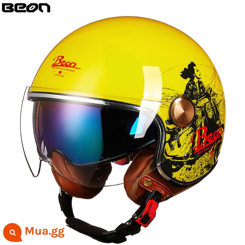 Beon Xe Máy Nam Nữ Đôi Ống Kính Xe Máy Retro Harley Xe Điện Mùa Đông Ấm Mũ Bảo Hiểm Nửa Bốn Mùa - Cô gái đi xe máy màu vàng sáng//xám đen (kèm ống kính dài)