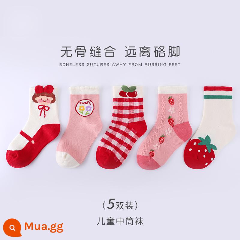 Vớ bé trai Vớ trẻ em mùa thu đông Vớ cotton nguyên chất Vớ ống trung niên mùa xuân và mùa thu Vớ cotton ống dài bé trai không xương - Dâu Bé Gái-5 đôi/bé gái