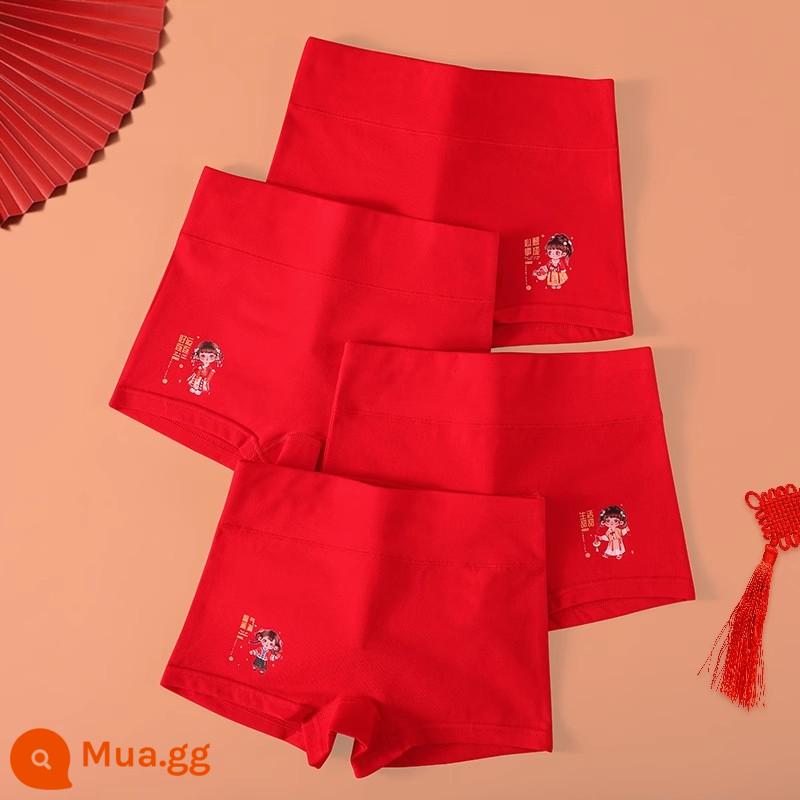 Quần lót trẻ em năm hoàng đạo cotton nguyên chất màu đỏ cho bé gái, 100% cotton cho bé lớn và nhỏ, không véo mông - M017 Chúc may mắn (4 miếng bông nguyên chất)