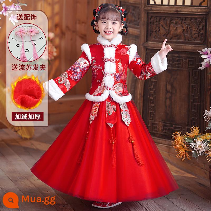 Hanfu mùa đông của bé gái mùa thu và mùa đông phong cách cổ điển cao cấp của trẻ em Trung Quốc Quần áo chúc mừng năm mới Trang phục cổ trang dành cho trẻ em trung và lớn cộng với nhung Quần áo năm mới - Kẹp tóc nhung đỏ 2569