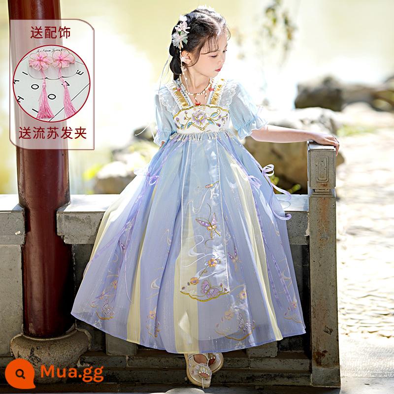 Váy Hanfu bé gái mùa hè váy siêu tiên cao cấp trang phục mùa hè trẻ em váy công chúa váy mới 2023 - kẹp tóc màu xanh 2610