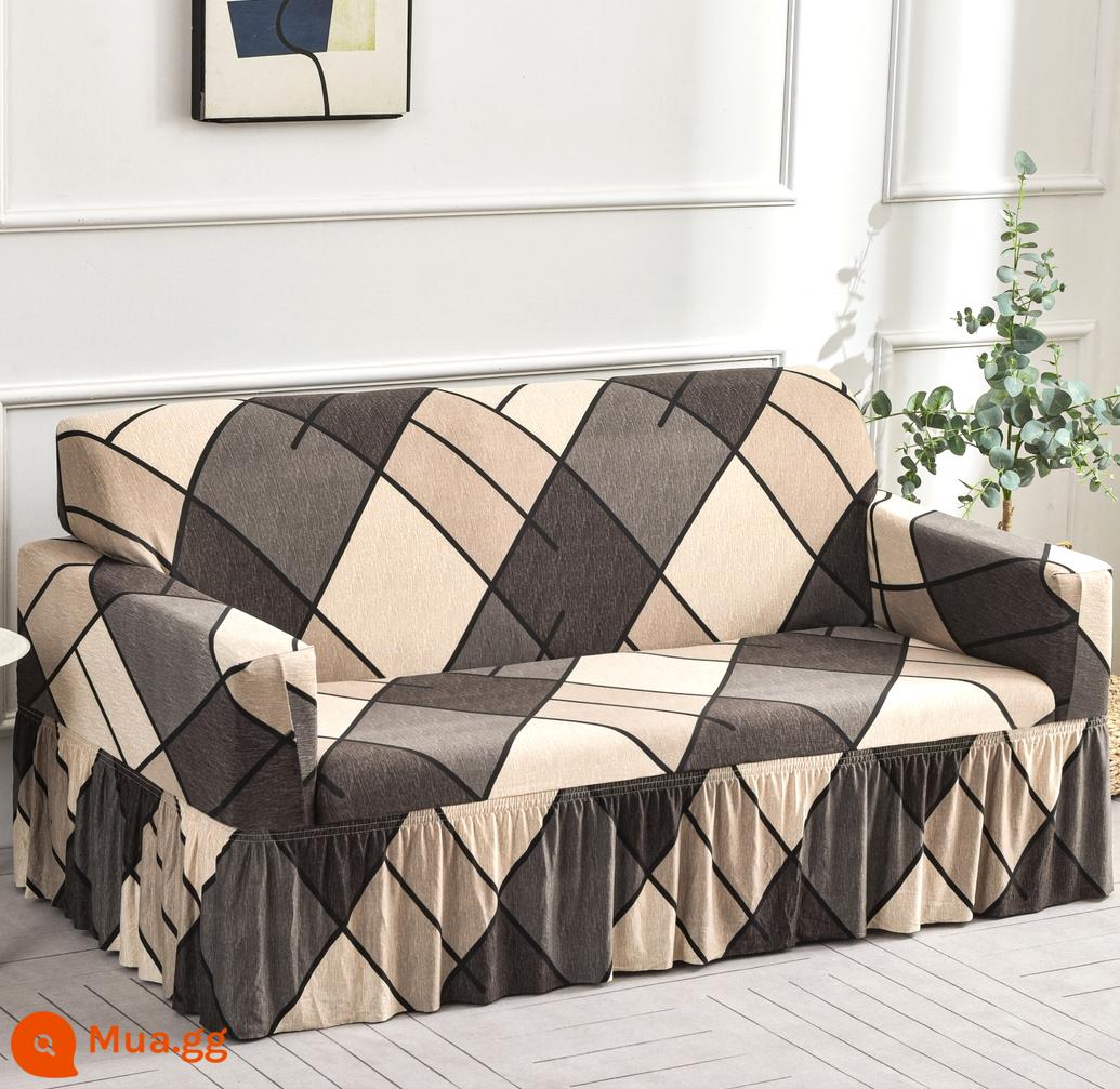 Váy co giãn bốn mùa bọc ghế sofa bao gồm tất cả bao gồm phổ quát bao da kiểu cũ một hai ba bốn người đệm vải - Viền kaki tối màu York