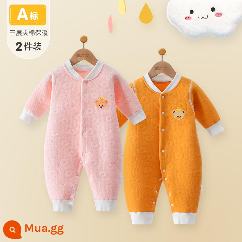 Bé sơ sinh áo liền quần cotton nguyên chất quần áo mùa đông ấm chần bông quần áo mùa đông thu đông phù hợp với bé sơ sinh áo liền quần - Gấu hồng + vàng