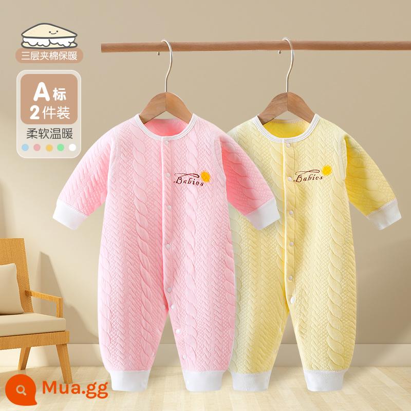 Bé sơ sinh áo liền quần cotton nguyên chất quần áo mùa đông ấm chần bông quần áo mùa đông thu đông phù hợp với bé sơ sinh áo liền quần - 2 cái (hồng + vàng)