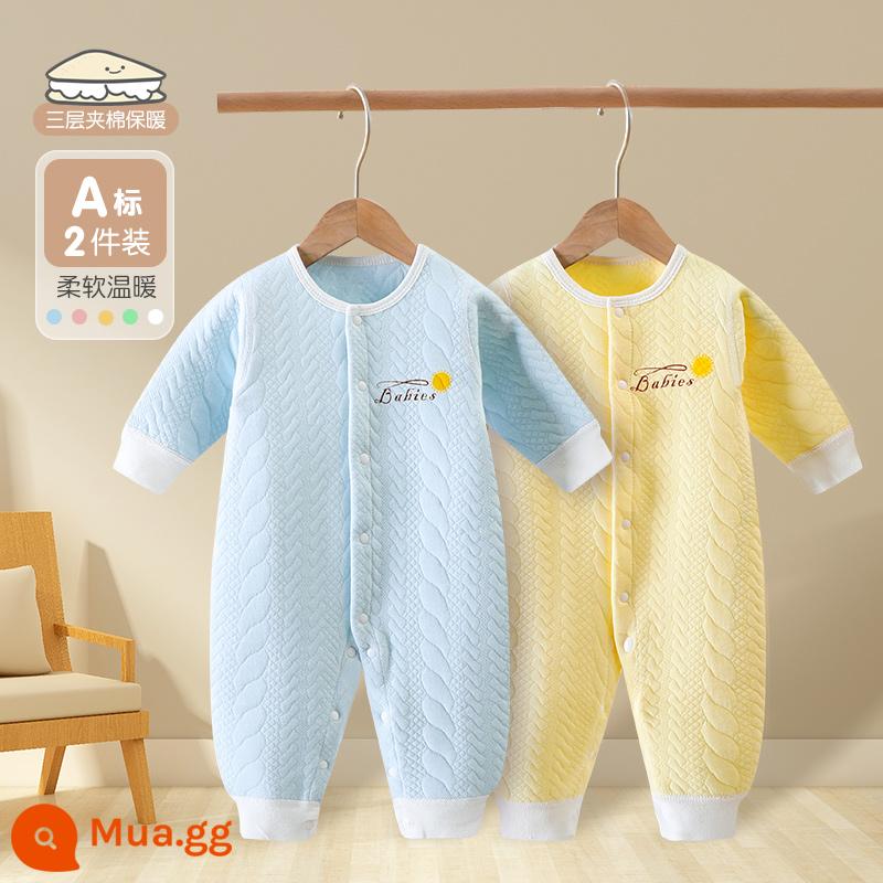 Bé sơ sinh áo liền quần cotton nguyên chất quần áo mùa đông ấm chần bông quần áo mùa đông thu đông phù hợp với bé sơ sinh áo liền quần - 2 cái (xanh + vàng)