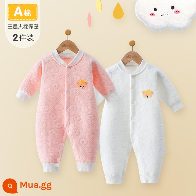 Bé sơ sinh áo liền quần cotton nguyên chất quần áo mùa đông ấm chần bông quần áo mùa đông thu đông phù hợp với bé sơ sinh áo liền quần - Gấu hồng + trắng