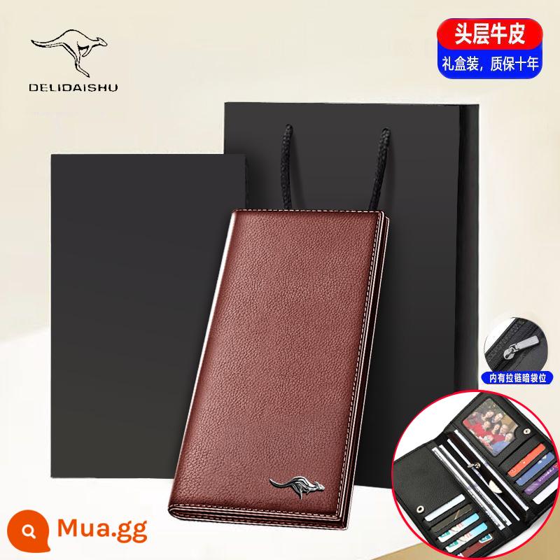 Ví Deli Kangaroo Ví Da Nam Ví Dài 2023 Túi Clutch Mới Túi Xách Da Dung Tích Lớn Dành Cho Sinh Viên Đại Học - 052 phần cứng màu cà phê (hộp quà tặng) da bò dây kéo bên trong