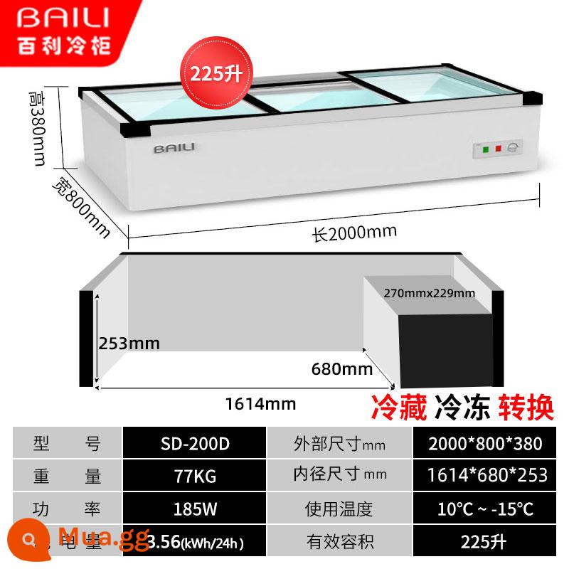 Baili tủ đông để bàn tủ lạnh trưng bày thịt nướng xiên chiên giữ tươi đông lạnh tủ lạnh ba bánh ngang nhỏ - Dài 2,0 mét và 80 đèn LED/làm lạnh và đông lạnh