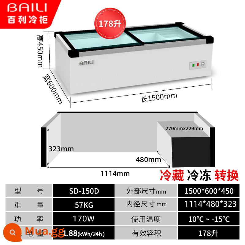 Baili tủ đông để bàn tủ lạnh trưng bày thịt nướng xiên chiên giữ tươi đông lạnh tủ lạnh ba bánh ngang nhỏ - Dài 1,5 mét và 60 đèn LED/làm lạnh và đông lạnh