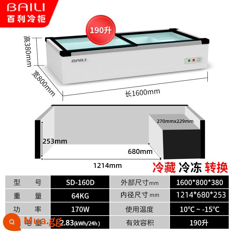 Baili tủ đông để bàn tủ lạnh trưng bày thịt nướng xiên chiên giữ tươi đông lạnh tủ lạnh ba bánh ngang nhỏ - Dài 1,6 mét và 80 đèn LED/làm lạnh và đông lạnh