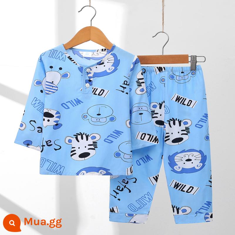 Bộ đồ ngủ cotton lụa trẻ em mỏng mùa hè dài tay bé trai và bé trai cotton lụa điều hòa quần áo ở nhà bộ đồ ngủ trẻ em trung và lớn - sư tử con màu xanh