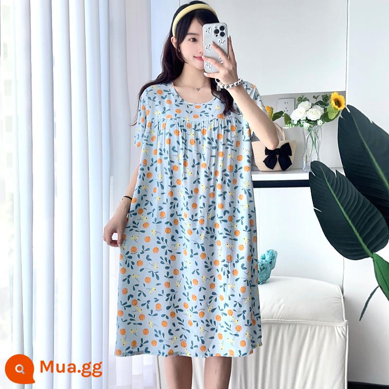 Phiên bản Hàn Quốc của váy ngủ cotton lụa dài tay nữ đồ ngủ ngắn tay cộng với kích thước mùa hè quần áo mặc ở nhà bằng cotton nhân tạo rộng rãi và thoải mái - quất xanh nhỏ