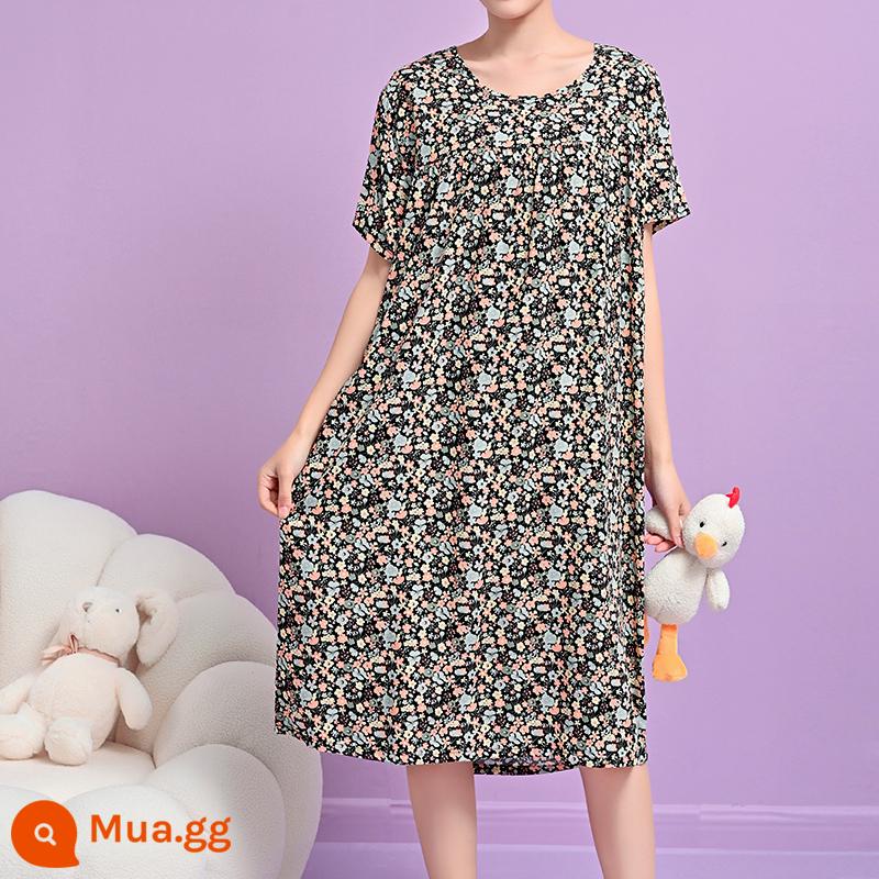 Phiên bản Hàn Quốc của váy ngủ cotton lụa dài tay nữ đồ ngủ ngắn tay cộng với kích thước mùa hè quần áo mặc ở nhà bằng cotton nhân tạo rộng rãi và thoải mái - Hoa-34