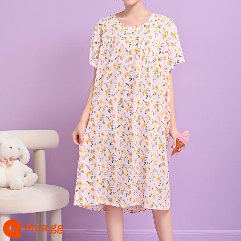 Phiên bản Hàn Quốc của váy ngủ cotton lụa dài tay nữ đồ ngủ ngắn tay cộng với kích thước mùa hè quần áo mặc ở nhà bằng cotton nhân tạo rộng rãi và thoải mái - Hoa-23