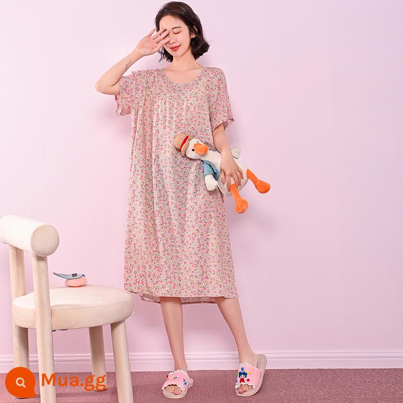 Phiên bản Hàn Quốc của váy ngủ cotton lụa dài tay nữ đồ ngủ ngắn tay cộng với kích thước mùa hè quần áo mặc ở nhà bằng cotton nhân tạo rộng rãi và thoải mái - Hoa nhỏ màu xanh hồng