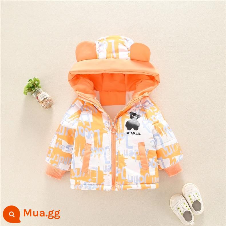 Các bé trai trong mùa đông, quần áo cotton sáng, mùa đông trẻ em cộng với áo khoác cotton dày nhung, quần cotton cotton cotton, hai miếng - Áo khoác độn gấu Crooked màu đen có nhãn ngực (Cam)