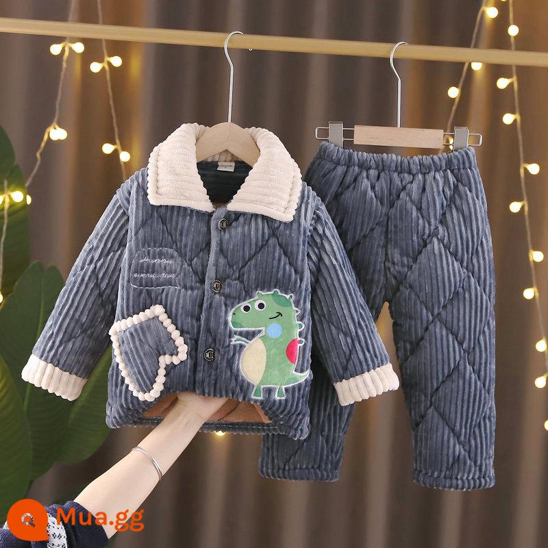 Bộ đồ ngủ trẻ em mùa đông bé trai 3 lớp chần bông flannel Plus nhung dày bé san hô nỉ bé trai nhà quần áo - Màu xanh denim