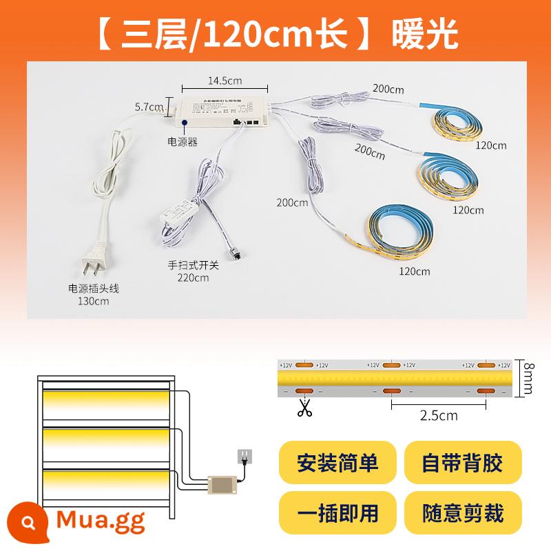 Dải ánh sáng cảm ứng tự dính tổng thể tủ rượu tủ quần áo mẫu tủ trưng bày dải đèn led không khe cực hẹp và siêu mỏng - Ba lớp/mỗi lớp dài 120 cm/có thể cắt [ánh sáng ấm áp]