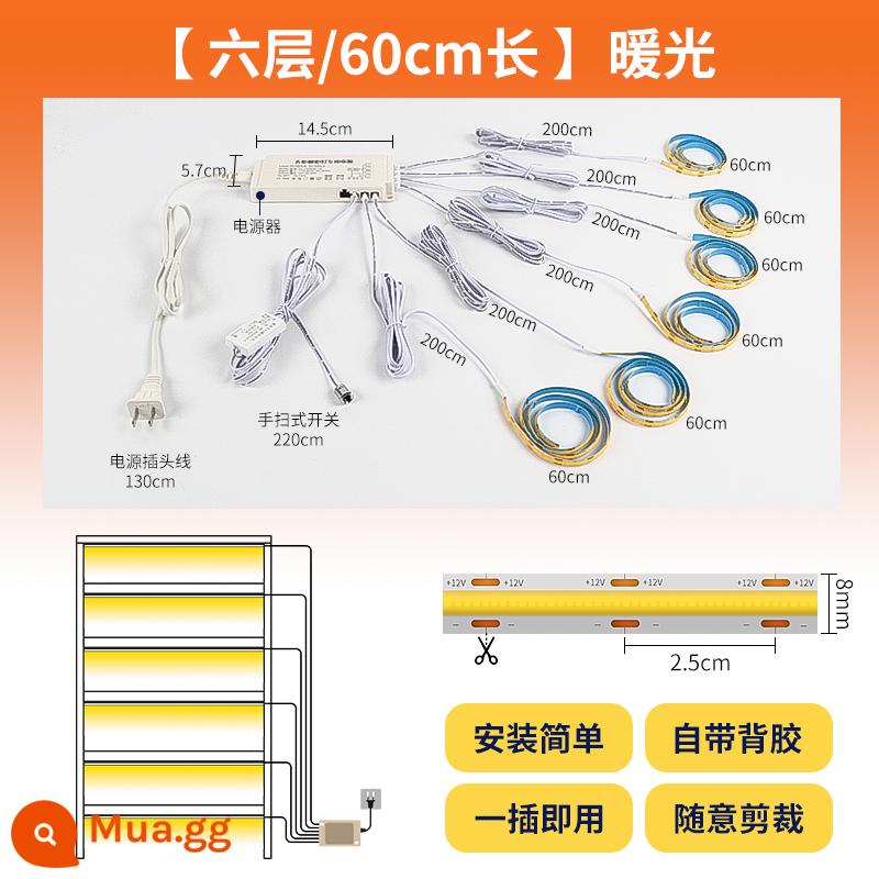 Dải ánh sáng cảm ứng tự dính tổng thể tủ rượu tủ quần áo mẫu tủ trưng bày dải đèn led không khe cực hẹp và siêu mỏng - Sáu lớp/mỗi lớp dài 60 cm/có thể cắt [ánh sáng ấm áp]