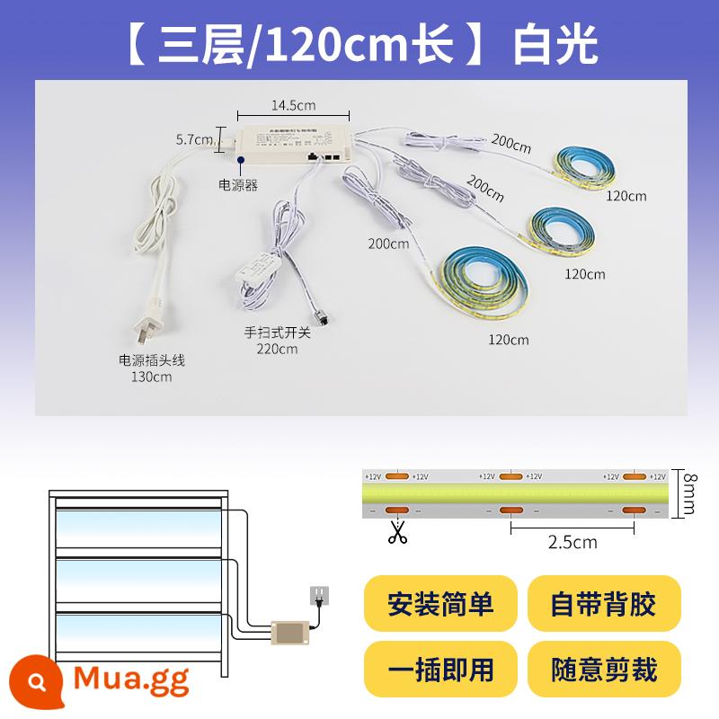 Dải ánh sáng cảm ứng tự dính tổng thể tủ rượu tủ quần áo mẫu tủ trưng bày dải đèn led không khe cực hẹp và siêu mỏng - Ba lớp/mỗi lớp dài 120 cm/có thể cắt [ánh sáng trắng]