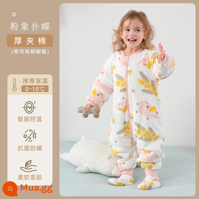 Qinxinyafang túi ngủ cho bé mùa thu đông cotton nguyên chất chăn bông chống đá cho bé tách chân túi ngủ nhiệt độ không đổi phổ biến cho tất cả các mùa - Bông giữ nhiệt dày có cảm biến nhiệt độ trực quan [khuyến nghị 0-10 độ với bao chân] Bướm voi hồng