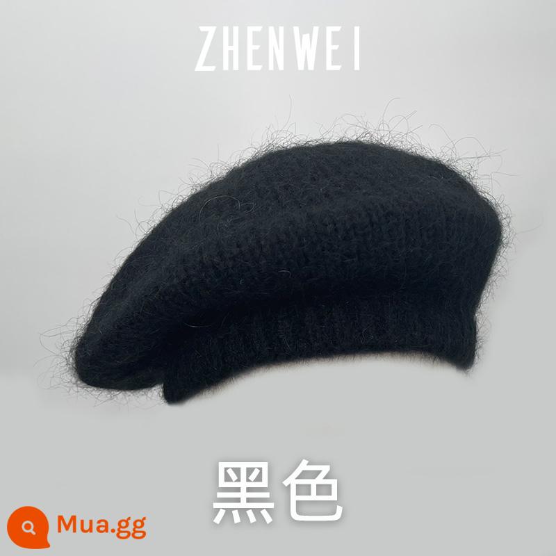 Mohair dệt kim mũ nồi nữ mùa thu đông xám mũ len thể hiện mặt nhỏ nhung sang trọng mũ họa sĩ mũ len - Màu đen nhiều lông hơn