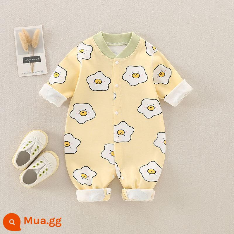 Áo liền quần cho bé mùa xuân và mùa thu cotton nguyên chất nam và nữ áo liền quần liền quần không xương sơ sinh siêu dễ thương hở đáy quần - Trứng chần