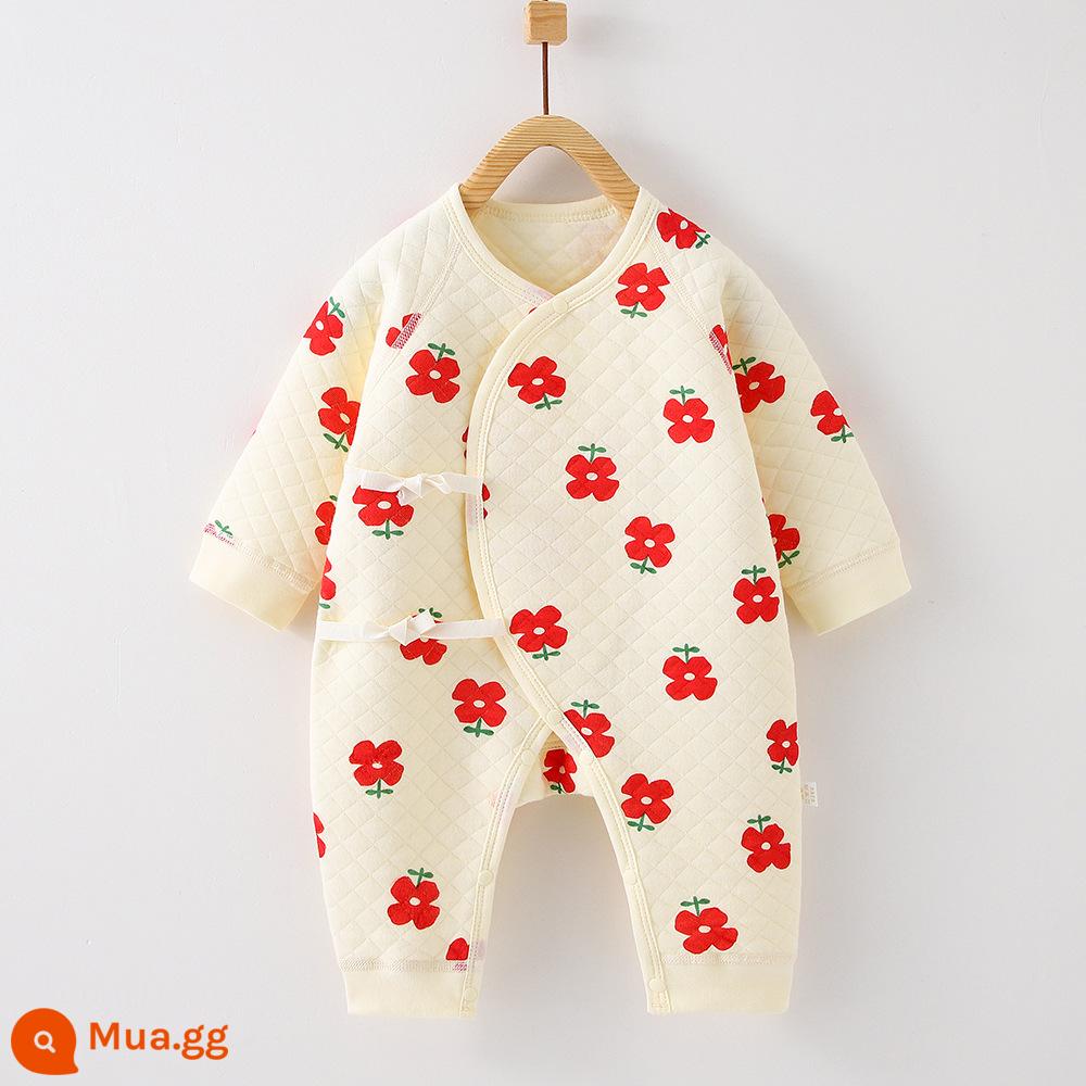 Mùa Thu Đông Quần Áo Sơ Sinh 3 Lớp Ấm Áp Cho Bé Jumpsuit Kẹp Cotton Lụa Tiger Áo Liền Quần Không Xương Bộ Đồ Ngủ - bông hoa nhỏ màu đỏ