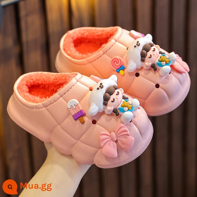 Bé cotton trẻ em Slipper Mùa đông Boys and Girls 'Nội thất không thấm nước cho Senting Túi và cha mẹ -Chuông bông nhà dễ thương - dép màu hồng