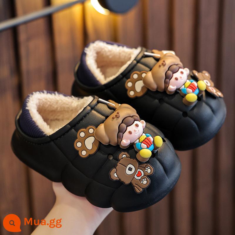 Bé cotton trẻ em Slipper Mùa đông Boys and Girls 'Nội thất không thấm nước cho Senting Túi và cha mẹ -Chuông bông nhà dễ thương - đen (có gót)