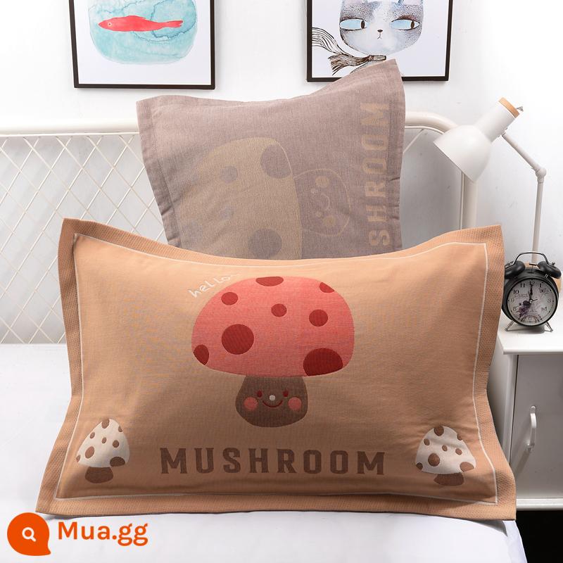 Vỏ gối bằng gạc bông nguyên chất một cặp vỏ gối bằng cotton dày và to đầy đủ Vỏ gối cho người lớn thấm mồ hôi và thoáng khí - Cà phê hái nấm (cặp)