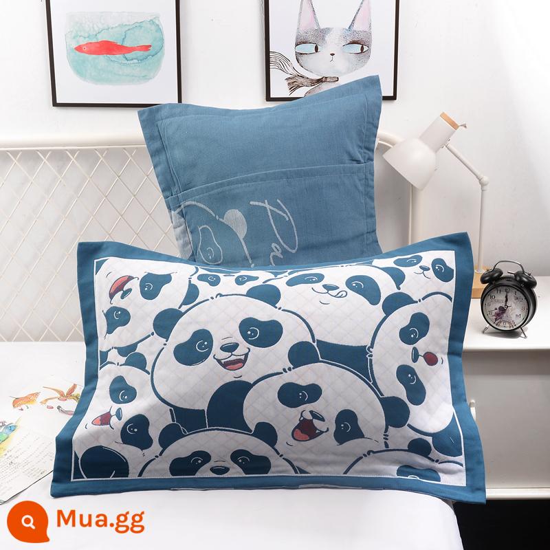 Vỏ gối bằng gạc bông nguyên chất một cặp vỏ gối bằng cotton dày và to đầy đủ Vỏ gối cho người lớn thấm mồ hôi và thoáng khí - Gia Đình Gấu Trúc Xanh Đậm (cặp)