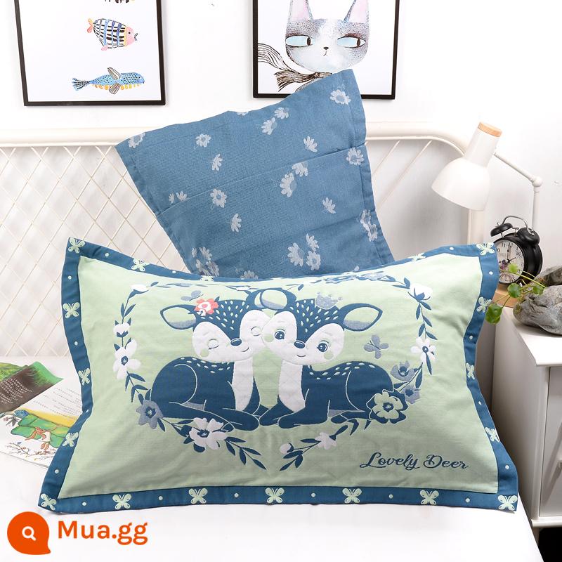 Vỏ gối bằng gạc bông nguyên chất một cặp vỏ gối bằng cotton dày và to đầy đủ Vỏ gối cho người lớn thấm mồ hôi và thoáng khí - Yêu hươu xanh (cặp)