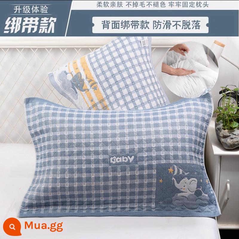 Khăn gối cotton nguyên chất cotton gạc dày vài gối đầu khăn một đôi người lớn Plus bốn mùa gối đơn bao khăn - [Dây đeo] 1 đôi voi ca rô nhỏ màu xanh