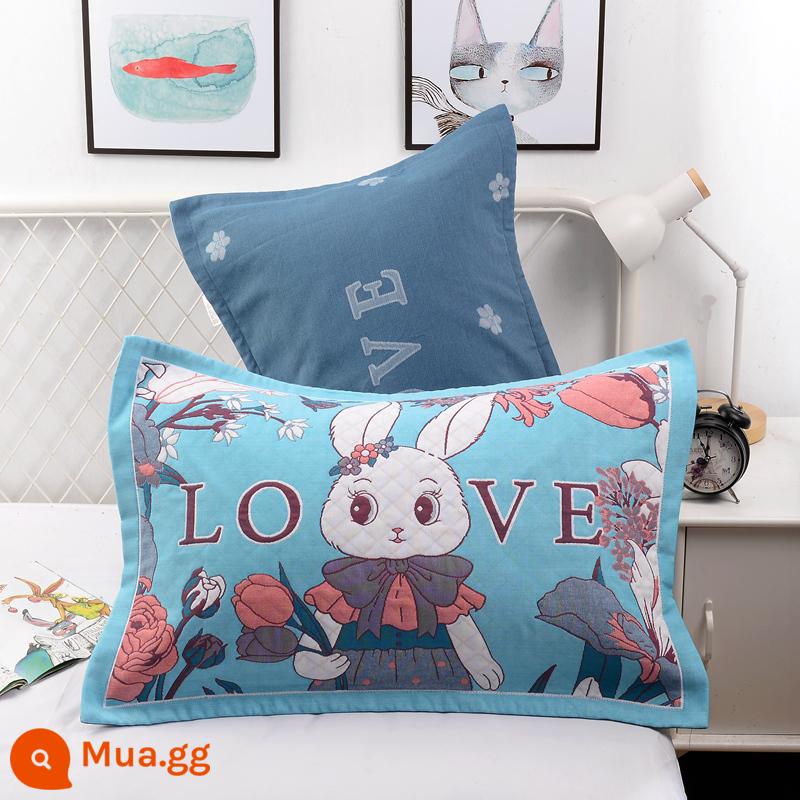 Vỏ gối bằng gạc bông nguyên chất một cặp vỏ gối bằng cotton dày và to đầy đủ Vỏ gối cho người lớn thấm mồ hôi và thoáng khí - Love Rabbit Xanh Nhạt (cặp)